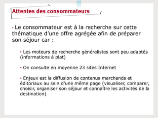 Attentes des consommateurs

•Le consommateur est à la recherche sur cette
thématique d’une offre agrégée afin de préparer
son séjour car :

    • Les moteurs de recherche généralistes sont peu adaptés
    (informations à plat)

    • On consulte en moyenne 23 sites Internet

    • Enjeux est la diffusion de contenus marchands et
    éditoriaux au sein d’une même page (visualiser, comparer,
    choisir, organiser son séjour et connaître les activités de la
    destination)
 