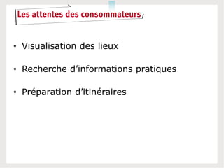 Les attentes des consommateurs


• Visualisation des lieux

• Recherche d’informations pratiques

• Préparation d’itinéraires
 