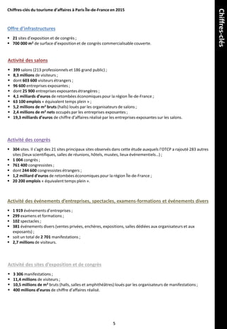 Chiffres-clés du tourisme d’affaires à Paris Île-de-France en 2015
Activité des salons
 399 salons (213 professionnels et 186 grand public) ;
 8,3 millions de visiteurs ;
 dont 603 600 visiteurs étrangers ;
 96 600 entreprises exposantes ;
 dont 25 900 entreprises exposantes étrangères ;
 4,1 milliards d’euros de retombées économiques pour la région Île-de-France ;
 63 100 emplois « équivalent temps plein » ;
 5,2 millions de m2 bruts (halls) loués par les organisateurs de salons ;
 2,4 millions de m2 nets occupés par les entreprises exposantes ;
 19,3 milliards d’euros de chiffre d’affaires réalisé par les entreprises exposantes sur les salons.
Activité des congrès
 304 sites. Il s’agit des 21 sites principaux sites observés dans cette étude auxquels l’OTCP a rajouté 283 autres
sites (lieux scientifiques, salles de réunions, hôtels, musées, lieux événementiels…) ;
 1 004 congrès ;
 761 400 congressistes ;
 dont 244 600 congressistes étrangers ;
 1,2 milliard d’euros de retombées économiques pour la région Île-de-France ;
 20 200 emplois « équivalent temps plein ».
Offre d’infrastructures
 21 sites d’exposition et de congrès ;
 700 000 m2 de surface d’exposition et de congrès commercialisable couverte.
Activité des événements d’entreprises, spectacles, examens-formations et événements divers
 1 919 événements d’entreprises ;
 299 examens et formations ;
 102 spectacles ;
 381 événements divers (ventes privées, enchères, expositions, salles dédiées aux organisateurs et aux
exposants) ;
 soit un total de 2 701 manifestations ;
 2,7 millions de visiteurs.
Activité des sites d’exposition et de congrès
 3 306 manifestations ;
 11,4 millions de visiteurs ;
 10,5 millions de m2 bruts (halls, salles et amphithéâtres) loués par les organisateurs de manifestations ;
 400 millions d’euros de chiffre d’affaires réalisé.
5
Chiffres-clés
 