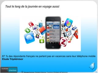Message Business / Rodolphe Delaunay / Tourisme et Stratégies @ Newtourism 19 
Tout le long de la journée en voyage aussi 
87% des répondants français ne partent pas en vacances sans leur téléphone mobile 
Etude TripAdvisor  