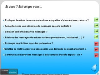 Message Business / Rodolphe Delaunay / Tourisme et Stratégies @ Newtourism 31 
Expliquez la nature des communications auxquelles s’abonnent vos contacts ? Accueillez avec une séquence de messages après la collecte ? Ciblez et personnalisez vos messages ? Réalisez des messages de natures variées (promotionnel, relationnel, …) ? Echangez des fichiers avec des partenaires ? 
Omettez de mettre à jour vos bases après une demande de désabonnement ? Continuez à envoyer des messages à des contacts inactifs depuis 1 an ? 
Et vous ? Est-ce que vous…  