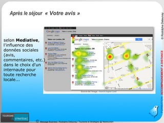 Message Business / Rodolphe Delaunay / Tourisme et Stratégies @ Newtourism 
47 
selon Mediative, l'influence des données sociales (avis, commentaires, etc.) dans le choix d'un internaute pour toute recherche locale... 
FORMATION-ACCOMPAGNEMENT A DISTANCE 
© Rodolphe Delaunay 
Après le séjour «Votre avis »  