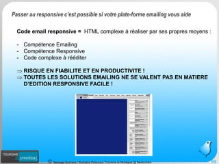 Message Business / Rodolphe Delaunay / Tourisme et Stratégies @ Newtourism 
Code email responsive = HTML complexe à réaliser par ses propres moyens : 
-Compétence Emailing 
-Compétence Responsive 
-Code complexe à rééditer 
RISQUE EN FIABILITE ET EN PRODUCTIVITE ! 
TOUTES LES SOLUTIONS EMAILING NE SE VALENT PAS EN MATIERE D’EDITION RESPONSIVE FACILE ! 
Passer au responsive c’est possible si votre plate-forme emailing vous aide 
69 
 