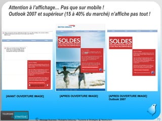 Message Business / Rodolphe Delaunay / Tourisme et Stratégies @ Newtourism 
[AVANT OUVERTURE IMAGE] 
[APRES OUVERTURE IMAGE] 
[APRES OUVERTURE IMAGE] Outlook 2007 
70 
Attention à l’affichage… Pas que sur mobile ! Outlook 2007 et supérieur (15 à 40% du marché) n’affiche pas tout !  