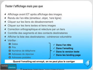 Message Business / Rodolphe Delaunay / Tourisme et Stratégies @ Newtourism 
Quand l’emailing est envoyé, on ne peut plus le corriger 71 
Affichage avant ET après affichage des images 
Rendu de l’en-tête (émetteur, objet, 1ere ligne) 
Cliquer sur les liens de désabonnement 
Cliquer sur les liens textes et liens images 
Correction orthographique et relecture par un tiers 
Contrôle des segments et des contacts destinataires 
Afficher la liste des destinataires : cohérence volumétrie 
Vérifier : 
Dates 
Prix 
Numéros de téléphone 
Adresses de réponse 
Adresses postales 
Dans l’en tête 
Dans l’emailing 
Dans la version texte 
Dans les landing page 
Tester l’affichage mais pas que  