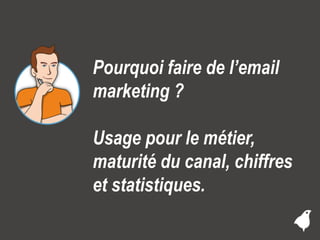 Message Business / Rodolphe Delaunay / Tourisme et Stratégies @ Newtourism 
Pourquoi faire de l’email marketing ? 
Usage pour le métier, maturité du canal, chiffres et statistiques.  