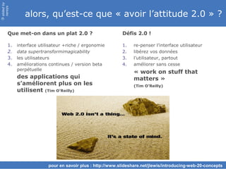 slided by
nereÿs

               alors, qu’est-ce que « avoir l’attitude 2.0 » ?
©




       Que met-on dans un plat 2.0 ?                        Défis 2.0 !

       1.   interface utilisateur +riche / ergonomie        1.    re-penser l’interface utilisateur
       2.   data supertransformimagicability                2.    libérez vos données
       3.   les utilisateurs                                3.    l’utilisateur, partout
       4.   améliorations continues / version beta          4.    améliorer sans cesse
            perpétuelle
                                                                  « work on stuff that
            des applications qui                                  matters »
            s’améliorent plus on les                              (Tim O’Reilly)
            utilisent (Tim O’Reilly)




                          pour en savoir plus : http://www.slideshare.net/jlewis/introducing-web-20-concepts
 