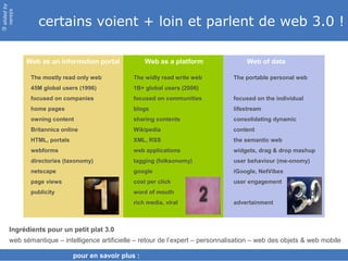 slided by
nereÿs

               certains voient + loin et parlent de web 3.0 !
©




            Web as an information portal             Web as a platform               Web of data

             The mostly read only web           The widly read write web        The portable personal web
             45M global users (1996)            1B+ global users (2006)
             focused on companies               focused on communities          focused on the individual
             home pages                         blogs                           lifestream
             owning content                     sharing contents                consolidating dynamic
             Britannica online                  Wikipedia                       content
             HTML, portals                      XML, RSS                        the semantic web
             webforms                           web applications                widgets, drag & drop mashup
             directories (taxonomy)             tagging (folksonomy)            user behaviour (me-onomy)
             netscape                           google                          iGoogle, NetVibes
             page views                         cost per click                  user engagement
             publicity                          word of mouth
                                                rich media, viral               advertainment



     Ingrédients pour un petit plat 3.0
     web sémantique – intelligence artificielle – retour de l’expert – personnalisation – web des objets & web mobile

                             pour en savoir plus :
 