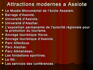 Attractions modernes a Assiote














Le Musée Monumental de l’école Assalam.
Barrage d'Assiote.
Université d'Assiote.
Université d'Alazhar.
L'exposition permanente de l'autorité régionale pour
la promotion du tourisme.
Ancrage touristique Horus.
Ancrage touristique d’Assiote.
Parc Alferdous.
Parc Alazhar.
Parc Alkhalideen.
Les fondations sportives.
Le Nil.
Les services des conférences.

 