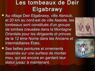 Les tombeaux de Deir
Elgabrawy
 Au village Deir Elgabrawy, ville Abnoub,

et 20 km au nord-est de ville Assiote, les
tombeaux sont constitués d'un groupe
de tombes creusées dans la Montagne
Orientale pour les dirigeants et princes
de la 12 ème Nome dans les Anciens et
Intermédiaires États.
 Ses belles peintures et ornements
dessinés sur une surface de mortier
mou, qui est encore en gardant leur
statut jusqu‘ à maintenant.

 