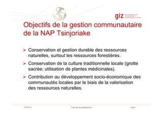 Objectifs de la gestion communautaire
de la NAP Tsinjoriake
Conservation et gestion durable des ressources
naturelles, surtout les ressources forestières.
Page 5Titre de la présentation10/07/2013
naturelles, surtout les ressources forestières.
Conservation de la culture traditionnelle locale (grotte
sacrée; utilisation de plantes médicinales).
Contribution au développement socio-économique des
communautés locales par le biais de la valorisation
des ressources naturelles.
 