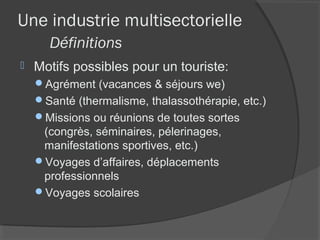Une industrie multisectorielle
      Définitions
   Motifs possibles pour un touriste:
    Agrément (vacances & séjours we)
    Santé (thermalisme, thalassothérapie, etc.)
    Missions ou réunions de toutes sortes
     (congrès, séminaires, pélerinages,
     manifestations sportives, etc.)
    Voyages d’affaires, déplacements
     professionnels
    Voyages scolaires
 