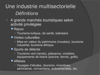 Une industrie multisectorielle
       Définitions
   4 grands marchés touristiques selon
    activité privilégiée
    Repos
      ○ Tourisme ludique, de santé, balnéaire
    Visites culturelles
     ○ Mise en valeur du patrimoine (musées), tourisme
       industriel, tourisme éthique
    Sports de détente
      ○ Tourisme vert (rando), plaisance, croisière,
        équipements de loisirs (piscine, tennis, golfs)
    Affaires
      ○ Voyages d’études, réunions, incentives,
        séminaires, conventions, évènementiels, etc.
 