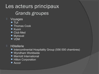 Les acteurs principaux
       Grands groupes
   Voyages
     TUI
     Thomas Cook
     Kuoni
     Club Med
     Mytravel
     VDM

   Hôtellerie
     Intercontinental Hospitality Group (556 000 chambres)
     Wyndham Worldwide
     Marriott International
     Hilton Corporation
     Accor
 