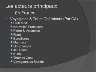 Les acteurs principaux
      En France
   Voyagistes & Tours Opérateurs (Par CA)
    Club Med
    Nouvelles Frontières
    Pierre & Vacances
    Fram
    Eurodisney
    Marmara
    Go Voyages
    Jet Tours
    Kuoni
    Thomas Cook
    Voyageurs du Monde
 