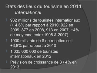 Etats des lieux du tourisme en 2011
     International
 982 millions de touristes internationaux
  (+ 4,6% par rapport à 2010; 922 en
  2009, 877 en 2008, 913 en 2007, +4%
  de moyenne entre 1995 & 2007)
 1030 milliards de $ de recettes soit
  +3,8% par rapport à 2010
 1,035,000 000 de touristes
  internationaux en 2012
 Prévision de croissance de 3 / 4% en
  2013.
 