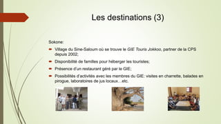 Les destinations (3)
Sokone:
 Village du Sine-Saloum où se trouve le GIE Touris Jokkoo, partner de la CPS
depuis 2002;
 Disponibilité de familles pour héberger les touristes;
 Présence d’un restaurant géré par le GIE;
 Possibilités d’activités avec les membres du GIE: visites en charrette, balades en
pirogue, laboratoires de jus locaux…etc.
 