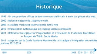 Historique
1995 : Un des premiers offices de tourisme nord-américain à avoir son propre site web.
2000 : Refonte majeure de l’approche web.
2009 : Stratégie marketing internationale 100 % web
2010 : Implantation systématique de réseaux sociaux corporatifs
2011 : Réflexion stratégique sur l’organisation et l’ensemble de l’industrie touristique
                   ─ Rapport de Think! Social Media
2012 : Adoption par le CA de Tourisme Montréal de la Stratégie d’intégration des médias
sociaux 2012-2014


 1995                   2000                                      2009 2010 2011 2012
 