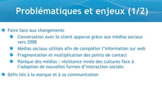 Problématiques et enjeux (1/2)
Faire face aux changements
     Conversation avec le client apparue grâce aux médias sociaux
     vers 2008
     Médias sociaux utilisés afin de compléter l’information sur web
     Fragmentation et multiplication des points de contact
     Panique des médias : résistance innée des cultures face à
     l’adoption de nouvelles formes d’interaction sociale.
Défis liés à la marque et à sa communication
 