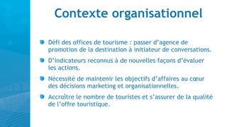 Contexte organisationnel

Défi des offices de tourisme : passer d’agence de
promotion de la destination à initiateur de conversations.
D’indicateurs reconnus à de nouvelles façons d’évaluer
les actions.
Nécessité de maintenir les objectifs d’affaires au cœur
des décisions marketing et organisationnelles.
Accroître le nombre de touristes et s’assurer de la qualité
de l’offre touristique.
 