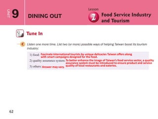 62
Fascinate international tourists by unique delicacies Taiwan offers along
with smart campaigns designed for the food.
To better enhance the image of Taiwan’s food service sector, a quality
assurance system must be introduced to ensure product and service
quality of local restaurants and eateries.Answer may vary.
 