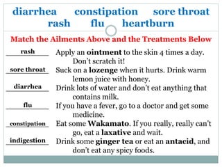 Match the Ailments Above and the Treatments Below
diarrhea constipation sore throat
rash flu heartburn
_________ Apply an ointment to the skin 4 times a day.
Don’t scratch it!
_________ Suck on a lozenge when it hurts. Drink warm
lemon juice with honey.
_________ Drink lots of water and don’t eat anything that
contains milk.
_________ If you have a fever, go to a doctor and get some
medicine.
_________ Eat some Wakamato. If you really, really can’t
go, eat a laxative and wait.
_________ Drink some ginger tea or eat an antacid, and
don’t eat any spicy foods.
rash
sore throat
diarrhea
flu
constipation
indigestion
 