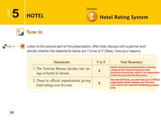 34
Hotels should be evaluated before receiving
ratings by the Taiwan Assessment and
Evaluation Association, which is an independent
institution entrusted by the bureau.
You should know, up until now as no official
organization gives ratings over five-star,
such claims are used for marketing purpose
only.
F
F
 