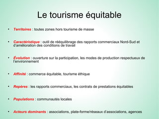Le tourisme équitable
●
Territoires : toutes zones hors tourisme de masse
●
Caractéristique : outil de rééquilibrage des rapports commerciaux Nord-Sud et
d’amélioration des conditions de travail
●
Évolution : ouverture sur la participation, les modes de production respectueux de
l’environnement
●
Affinité : commerce équitable, tourisme éthique
●
Repères : les rapports commerciaux, les contrats de prestations équitables
●
Populations : communautés locales
●
Acteurs dominants : associations, plate-forme/réseaux d’associations, agences
 