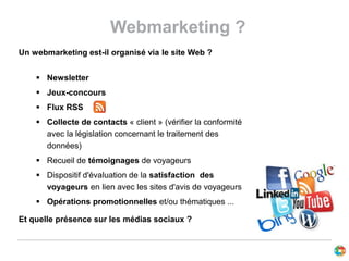 Webmarketing ?
Un webmarketing est-il organisé via le site Web ?
 Newsletter
 Jeux-concours
 Flux RSS
 Collecte de contacts « client » (vérifier la conformité
avec la législation concernant le traitement des
données)
 Recueil de témoignages de voyageurs
 Dispositif d'évaluation de la satisfaction des
voyageurs en lien avec les sites d'avis de voyageurs
 Opérations promotionnelles et/ou thématiques ...
Et quelle présence sur les médias sociaux ?
 