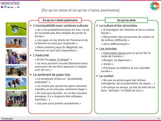 6© Dedicated
[Ce qu’on aime et ce qu’on n’aime pas/moins]
Ce qu’on n’aime pas/moins
 L’incompatibilité avec certaines cultures
« Je n’irai probablement pas en Iran, car je
ne souhaite pas être obligée de porter la
burqa »
« Les pays où les droits de l’homme et de
la femme ne sont pas respectés »
« Dans certains pays du Maghreb, les
femmes ne sont pas respectées »
 L’insécurité
« Eviter les pays ’’à risque’’ »
« Je veux pouvoir circuler librement sans
avoir peur de me faire agresser à chaque
coin de rue »
 Le sentiment de payer trop
« Le sentiment d’être un ’’portefeuille
ambulant’’ »
« Je n’aime pas quand les gens viennent
mendier, je ne sais pas comment réagir »
« En tant que touriste, on se fait souvent
arnaquer, il y a toujours des attrapes-
touristes…»
« Les prix sont parfois exorbitants »
Ce qu’on aime
 La culture et les rencontres
« S’imprégner de l’histoire et de la culture
locale »
« Rencontrer des personnes de culture et
de milieux différents »
« Vivre différemment »
 Les activités
« Faire autre chose que ce qu’on fait le
reste de l’année »
« Bouger, se dépenser »
« Visiter »
« Participer au folklore et aux activités
locales »
 Le confort
« Ne pas se préoccuper des tâches
ménagères, de la préparation du repas… »
« De temps en temps, ça fait du bien de se
faire ’’dorloter’’ à l’hôtel de luxe »
 