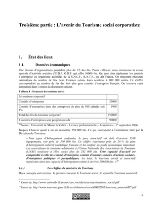 Troisième partie : L’avenir du Tourisme social corporatiste
1. État des lieux
1.1. Données économiques
Une dizaine d’organisations possèdent plus de 1/3 des lits. Parmi celles-ci, nous retrouvons la caisse
centrale d’activités sociales d’E.D.F. G.D.F. qui offre 56000 lits. On peut citer également les comités
d’entreprise ou organisme assimilés de la S.N.C.F., R.A.T.P., ou Air France. On rencontre plusieurs
estimations du nombre de lits. Jean Froidure estime leurs nombres à 100 000 unités. Ce chiffre
correspondrait au nombre de lits des huit plus gros comités d’entreprise français. On retrouve cette
estimation dans l’extrait du document suivant.
Tableau 4 : Structure du tourisme social
Le tourisme corporatif
Comités d’entreprises 23000
Comités d’entreprises dans des entreprises de plus de 500 salariés soit
8%
1900
Total des lits du tourisme corporatif 250000
8 comités d’entreprises sont propriétaires de 90000
21
Source : Université de Marne la Vallée – Licence professionnelle – Ressources – 1er
septembre 2006
Jacques Chauvin quant à lui en dénombre 250 000 lits. Ce qui correspond à l’estimation faite par la
Direction du Tourisme.
« Tous types d’hébergement confondus, le parc associatif est doté d’environ 1500
équipements, soit près de 300 000 lits. Ce chiffre représente près de 20 % du parc
d’hébergement collectif touristique français et lui confère un poids économique important.
Les associations de tourisme adhérentes à l’Union Nationale des Associations de Tourisme
(UNAT) totalisent à elles seules plus de 242 000 lits. Cette capacité d’accueil est
comparable à celle des comités d’entreprise, comités d’oeuvres sociales, d’actions sociales,
d’entreprises publiques et parapubliques. Au total, le tourisme social et associatif
représente ainsi une capacité d’hébergement estimé à environ 500 000 lits. » 22
1.1.1. Les chiffres du ministère du Tourisme
Deux concepts sont retenus : le premier concerne le Tourisme social, le second le Tourisme associatif.
21
Extrait de, http://www.univ-mlv.fr/ecosoc/eco_sociale/structures/tourisme_social.pdf
22
Extrait de, http://www.tourisme.gouv.fr/fr/navd/dossiers/taz/att00002082/tourisme_associatif07.pdf
19
 
