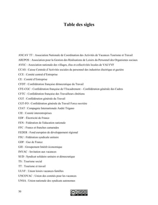 Table des sigles
ANCAV TT : Association Nationale de Coordination des Activités de Vacances Tourisme et Travail
AREPOS : Association pour la Gestion des Réalisations de Loisirs du Personnel des Organismes sociaux
AVEC : Association nationale des villages, élus et collectivités locales de VALVVF
CCAS : Caisse Centrale d’Activités sociales du personnel des industries électrique et gazière
CCE : Comité central d’Entreprise
CE : Comité d’Entreprise
CFDT : Confédération française démocratique du Travail
CFE-CGC : Confédération française de l’Encadrement – Confédération générale des Cadres
CFTC : Confédération française des Travailleurs chrétiens
CGT : Confédération générale du Travail
CGT-FO : Confédération générale du Travail Force ouvrière
CIAT : Compagnie Internationale André Trigano
CIE : Comité interentreprises
EDF : Électricité de France
FEN : Fédération de l'éducation nationale
FFC : Francs et franches camarades
FEDER : Fond européen de développement régional
FSU : Fédération syndicale unitaire
GDF : Gaz de France
GIE : Groupement Intérêt économique
INVAC : Invitation aux vacances
SUD : Syndicat solidaire unitaire et démocratique
TS : Tourisme social
TT : Tourisme et travail
ULVF : Union loisirs vacances familles
UNCOVAC : Union des comités pour les vacances
UNSA : Union nationale des syndicats autonomes
30
 