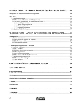 SECONDE PARTIE : UN PARTICULARISME DE GESTION ENCORE VIVACE ........15
1.La gestion des entreprises du tourisme corporatiste.............................................................................................15
2.Les aides.....................................................................................................................................................................16
2.1.Les aides à la personne........................................................................................................................................16
2.1.1.Les caisses d’allocations familiales (bons caf)............................................................................................16
2.1.2.L’agence Nationale pour le chèque vacances (A.N.C.V) ...........................................................................16
2.1.2.1.Les chèques vacances...........................................................................................................................16
2.1.2.2.Bourse solidarité vacances....................................................................................................................17
2.1.2.3.Tourisme et Handicap...........................................................................................................................17
2.1.2.4.Aides aux équipements.........................................................................................................................17
2.2.L’âge d’or, l’aide à la pierre................................................................................................................................17
TROISIÈME PARTIE : L’AVENIR DU TOURISME SOCIAL CORPORATISTE............19
1.État des lieux.............................................................................................................................................................19
1.1.Données économiques.........................................................................................................................................19
1.1.1.Les chiffres du ministère du Tourisme.........................................................................................................19
1.1.2.Le Tourisme social.......................................................................................................................................20
1.1.3.Le Tourisme associatif.................................................................................................................................20
2.Jugement sur ses perspectives d’évolution ............................................................................................................22
2.1.Les forces et faiblesses .......................................................................................................................................22
2.1.1.L’A.R.E.P.O.S..............................................................................................................................................22
2.1.2.Rigueur des méthodes de gestion.................................................................................................................24
2.1.3.État du patrimoine........................................................................................................................................25
2.1.4.Les comités d’entreprises.............................................................................................................................25
2.1.5.Les attentes individuelles des vacanciers....................................................................................................26
2.2.Les opportunités et les menaces..........................................................................................................................27
2.2.1.Vacances d’été en danger.............................................................................................................................27
2.2.2.État de survie................................................................................................................................................28
CONCLUSION RÉINVENTER REDONNER DU SENS..................................................29
TABLE DES SIGLES.......................................................................................................30
BIBLIOGRAPHIE.............................................................................................................31
1.Ouvrages....................................................................................................................................................................31
2.Rapports, actes de colloques et documents.............................................................................................................32
3.Articles.......................................................................................................................................................................33
4.Sites Internet..............................................................................................................................................................37
ANNEXES........................................................................................................................38
ANNEXES 1.....................................................................................................................39
56
 