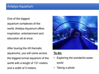 Antalya Aquarium
One of the biggest
aquarium complexes of the
world, Antalya Aquarium offers
inspiration, entertainment and
education all at once.
After touring the 40 thematic
aquariums, you will come across
the biggest tunnel aquarium of the
world with a length of 131 meters
and a width of 3 meters.
To do:
• Exploring the wonderful water
world
• Taking a photo
 