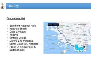 First Day
Destinations List
• Saklıkent National Park
• Kaputaş Beach
• Üçağız Village
• Kekova
• Simena Village
• Demre Bird Paradise
• Santa Claus (St. Nicholas)
• Presa Di Finica Hotel &
Suites (hotel)
 