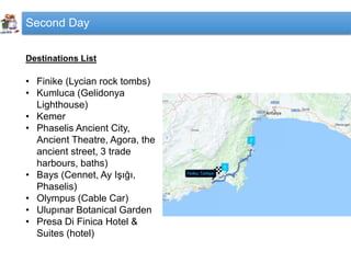 Second Day
Destinations List
• Finike (Lycian rock tombs)
• Kumluca (Gelidonya
Lighthouse)
• Kemer
• Phaselis Ancient City,
Ancient Theatre, Agora, the
ancient street, 3 trade
harbours, baths)
• Bays (Cennet, Ay Işığı,
Phaselis)
• Olympus (Cable Car)
• Ulupınar Botanical Garden
• Presa Di Finica Hotel &
Suites (hotel)
 