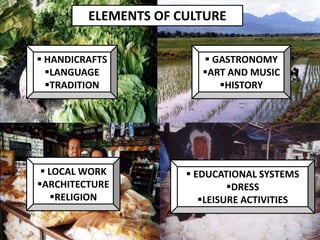ELEMENTS OF CULTURE
 HANDICRAFTS
LANGUAGE
TRADITION

 GASTRONOMY
ART AND MUSIC
HISTORY

 LOCAL WORK
ARCHITECTURE
RELIGION

 EDUCATIONAL SYSTEMS
DRESS
LEISURE ACTIVITIES

 