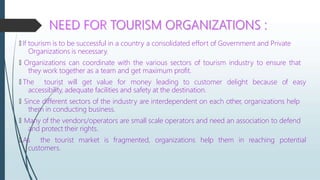 🠶 If tourism is to be successful in a country a consolidated effort of Government and Private
Organizations is necessary.
🠶 Organizations can coordinate with the various sectors of tourism industry to ensure that
they work together as a team and get maximum profit.
🠶 The tourist will get value for money leading to customer delight because of easy
accessibility, adequate facilities and safety at the destination.
🠶 Since different sectors of the industry are interdependent on each other, organizations help
them in conducting business.
🠶 Many of the vendors/operators are small scale operators and need an association to defend
and protect their rights.
🠶 As the tourist market is fragmented, organizations help them in reaching potential
customers.
 
