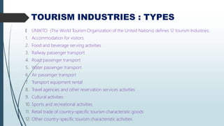 TOURISM INDUSTRIES : TYPES
🠶 UNWTO (The World Tourism Organization of the United Nations) defines 12 tourism Industries:
1. Accommodation for visitors
2. Food and beverage serving activities
3. Railway passenger transport
4. Road passenger transport
5. Water passenger transport
6. Air passenger transport
7. Transport equipment rental
8. Travel agencies and other reservation services activities
9. Cultural activities
10. Sports and recreational activities
11. Retail trade of country-specific tourism characteristic goods
12. Other country-specific tourism characteristic activities
 