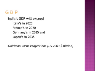 India’s GDP will exceed 
Italy’s in 2020, 
France’s in 2020 
Germany’s in 2025 and 
Japan’s in 2035 
Goldman Sachs Projections (US 2003 $ Billion) 
 