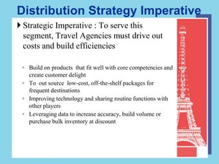 Distribution Strategy Imperative
 Strategic Imperative : To serve this
  segment, Travel Agencies must drive out
  costs and build efficiencies

 ◦ Build on products that fit well with core competencies and
   create customer delight
 ◦ To out source low-cost, off-the-shelf packages for
   frequent destinations
 ◦ Improving technology and sharing routine functions with
   other players
 ◦ Leveraging data to increase accuracy, build volume or
   purchase bulk inventory at discount
 