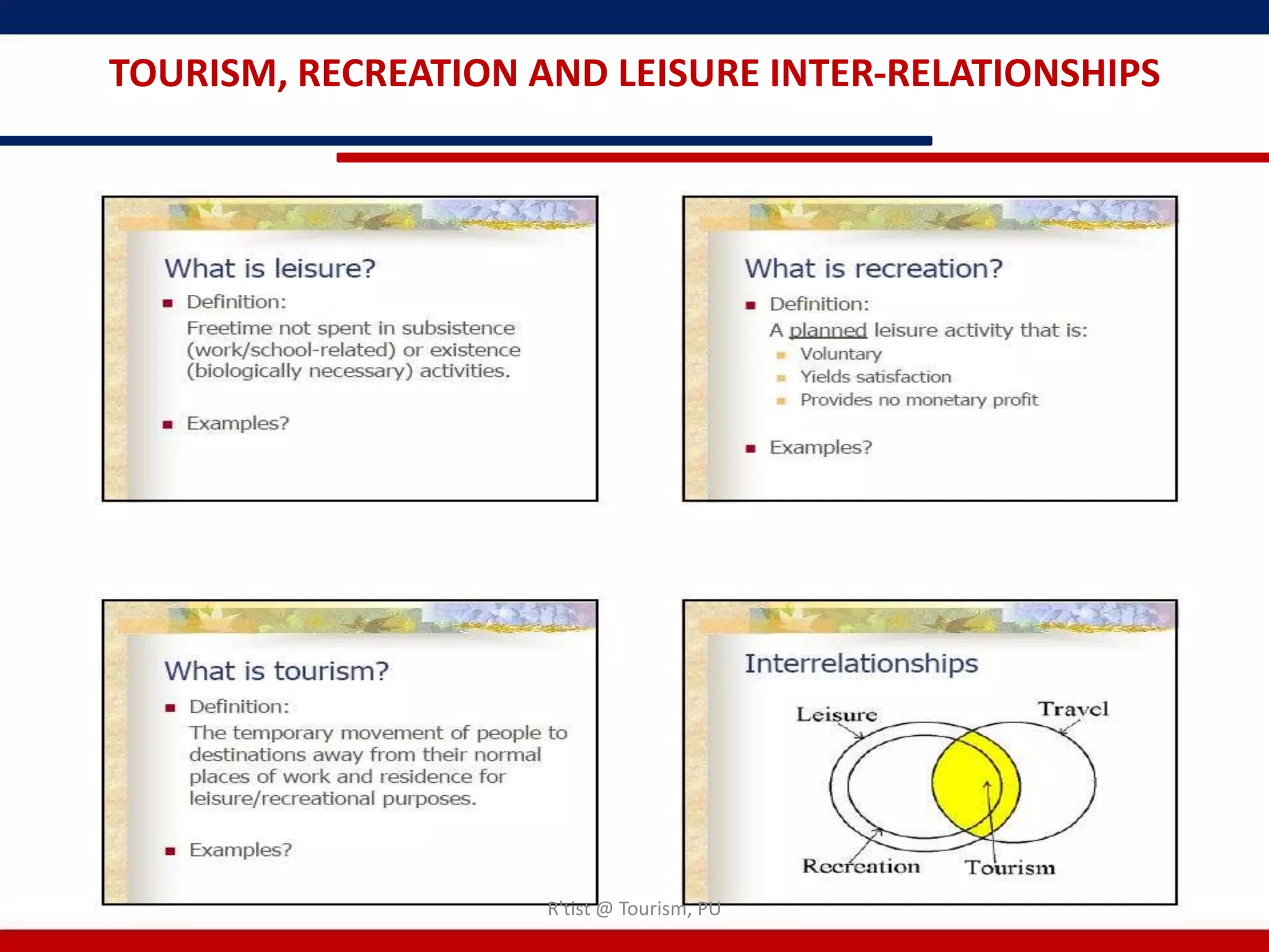 TOURISM, RECREATION AND LEISURE INTER-RELATIONSHIPS




                     R'tist @ Tourism, PU
 