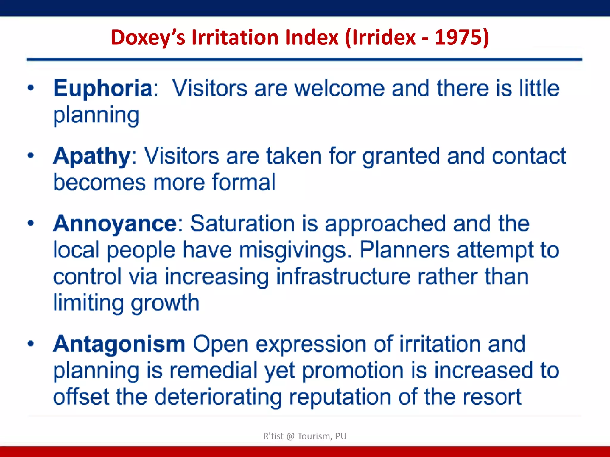 Doxey’s Irritation Index (Irridex - 1975)




                R'tist @ Tourism, PU
 