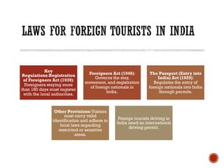 Key
Regulations:Registration
of Foreigners Act (1939):
Foreigners staying more
than 180 days must register
with the local authorities.
Foreigners Act (1946):
Governs the stay,
movement, and registration
of foreign nationals in
India.
The Passport (Entry into
India) Act (1920):
Regulates the entry of
foreign nationals into India
through permits.
Other Provisions:Visitors
must carry valid
identification and adhere to
local laws regarding
restricted or sensitive
areas.
Foreign tourists driving in
India need an international
driving permit.
 