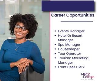 Career Opportunities
Events Manager
Hotel Or Resort
Manager
Spa Manager
Housekeeper
Tour Operator
Tourism Marketing
Manager
Front Desk Clerk
 