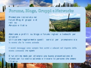 Offriamo un pacchetto marketing mirato Una campagna di marketing mirato sia per le spose d'Abruzzo sia per le spose provenienti da altri paesi che vengono in Abruzzo per sposarsi. Questa campagna è presentata in una sezione dedicata ai matrimoni in Italia nella rivista online. 