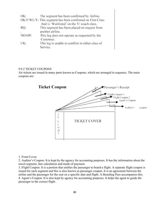 9.9.2 TICKET COUPONS
Air tickets are issued in many parts known as Coupons, which are arranged in sequence. The main
coupons are:
1. Front Cover.
2. Auditor’s Coupon: It is kept by the agency for accounting purposes. It has the information about the
travel segment, fare calculation and mode of payment.
3. Flight Coupon: It is a portion that entitles the passenger to board a flight. A separate flight coupon is
issued for each segment and this is also known as passenger coupon. It is an agreement between the
airline and the passenger for the seat on a specific date and flight. A Boarding Pass accompanies this.
4. Agent’s Coupon: It is also kept by agency for accounting purposes. It helps the agent to guide the
passenger to the correct flight.
80
 