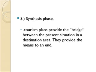 3.) Synthesis phase.
◦ -tourism plans provide the “bridge”
between the present situation in a
destination area. They provide the
means to an end.
 