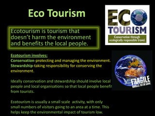 There are ways to reduce the negative impacts of mass tourism:Improving Public transport encourages people to use it, which reduces traffic congestion and pollution.Limiting the number of people visiting sensitive environments.Providing lots of bins helps reduce litter.The importance of Tourism needs to be maintainedAreas that rely heavily on tourism need to make sure tourists keep coming!Here are a few ways they can do this:BULID NEW FACILITIESREDUCE TOURIST IMPACTS WHICH MAKE THE AREA LESS ATTRACTIVEADVERTISE AND MARKET THE ARE TO ATTRACT NEW TOURISTSIMPROVE TRANSPORT INFRASTRUCTUREOFFER NEW ACTIVITIESMAKE IT CHEAPER TO VISIT.