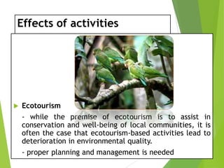 Effects of activities



Ecotourism
- while the premise of ecotourism is to assist in
conservation and well-being of local communities, it is
often the case that ecotourism-based activities lead to
deterioration in environmental quality.
- proper planning and management is needed

 